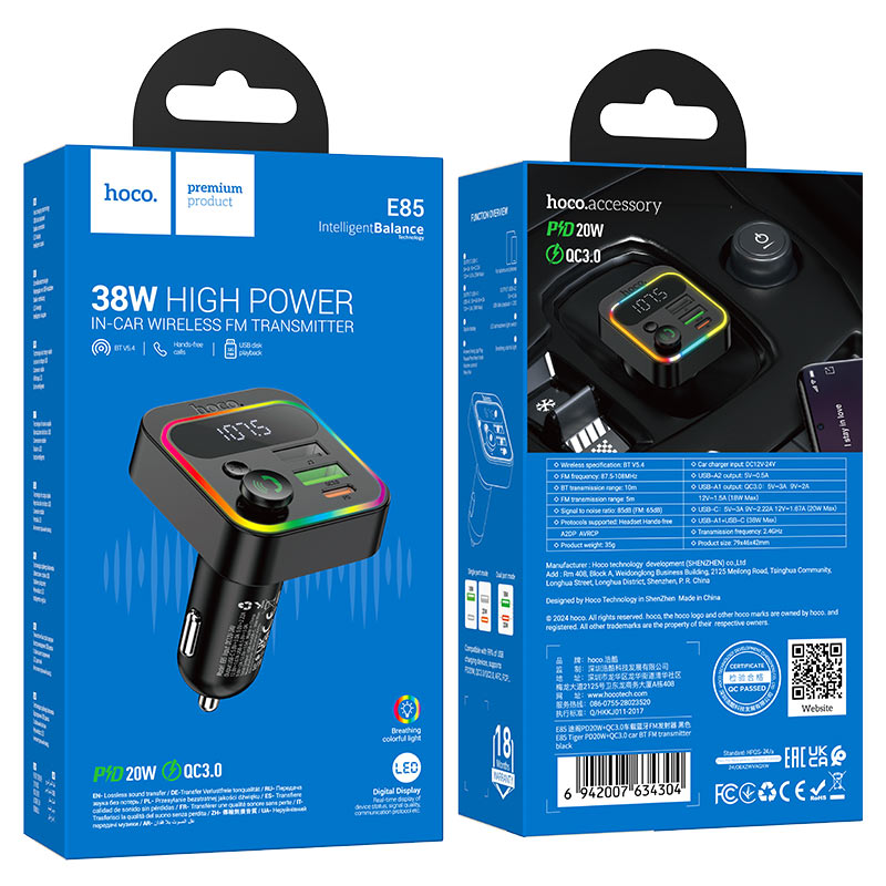 HOCO E85 38W PD20W+QC3.0 Car Charger with Bluetooth + FM Transmitter, RGB Light