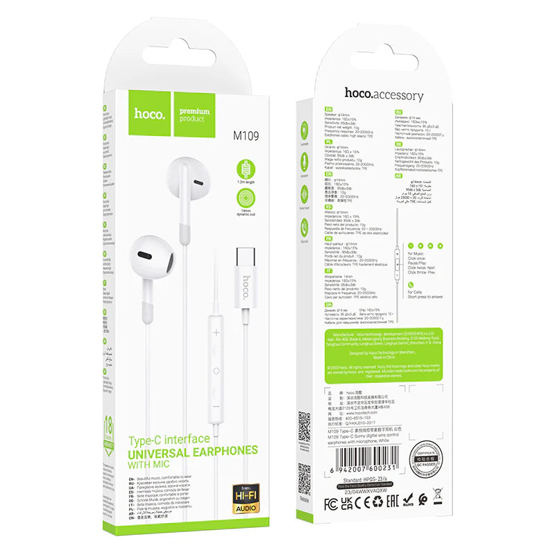 HOCO M109 Type-C Wire-Controled Digital Earphones with Microphone