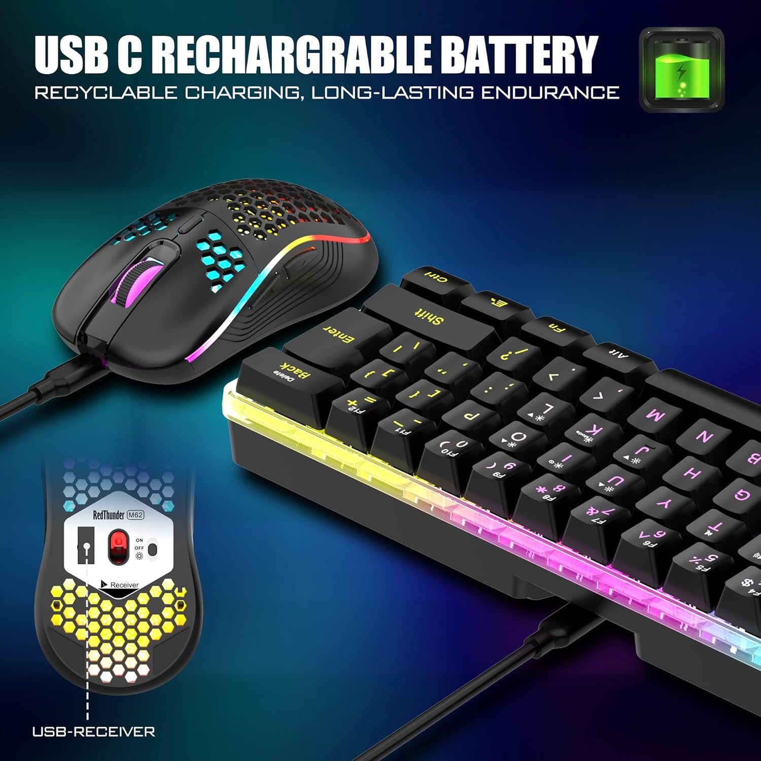 RedThunder 60% Wireless Gaming Keyboard & Mouse Combo with Rechargeable Battery + Honeycomb Optical Mouse