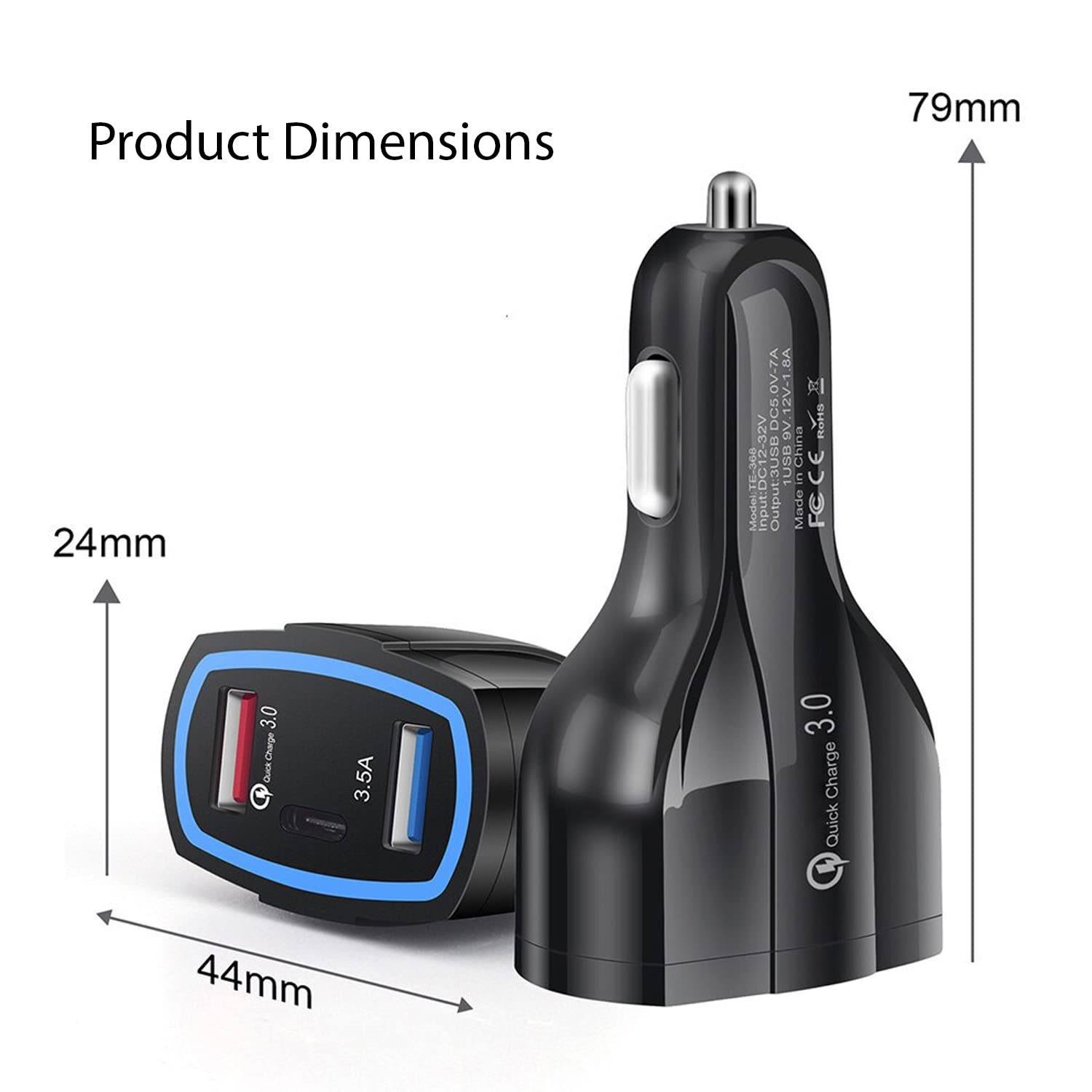 TE-368 35W 2 x USB-A + Type C Port Car Charger