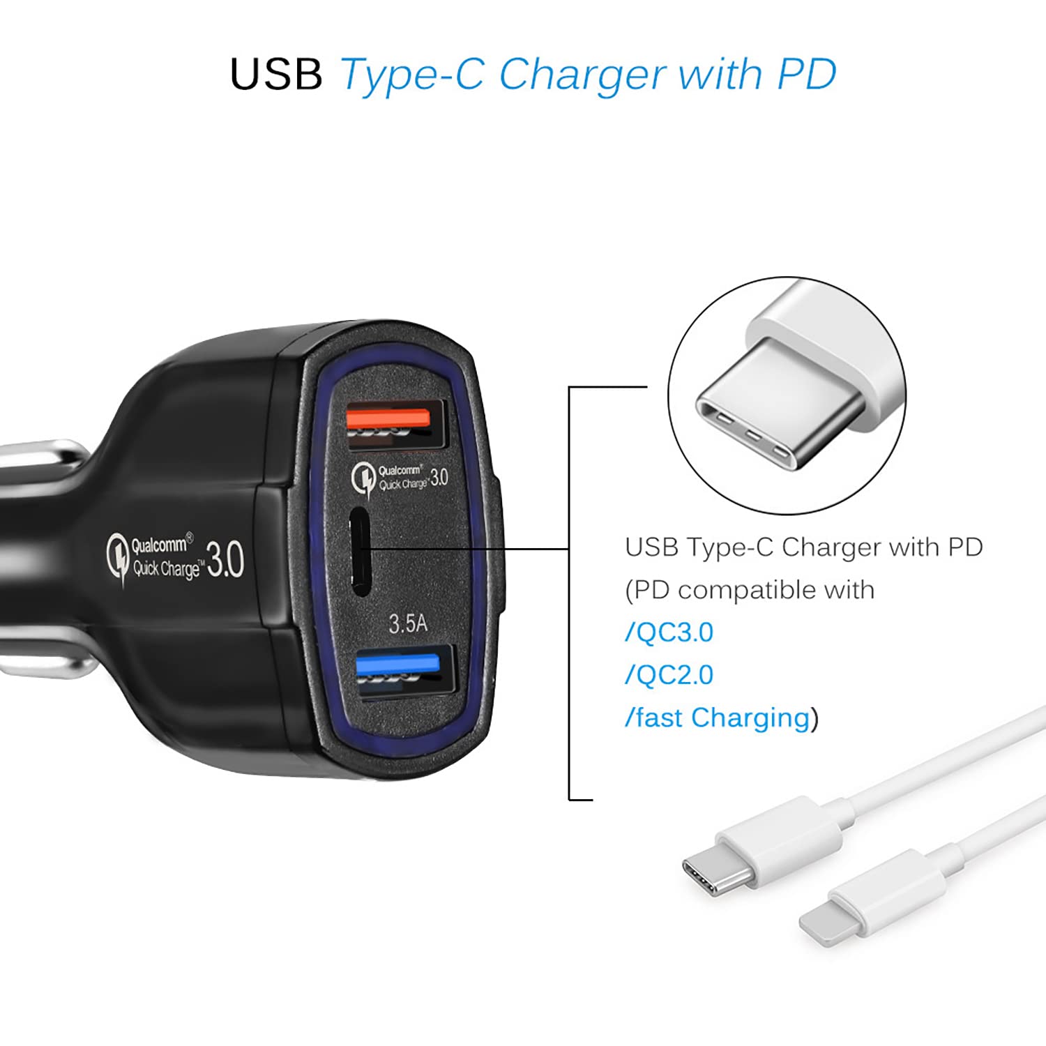 TE-368 35W 2 x USB-A + Type C Port Car Charger