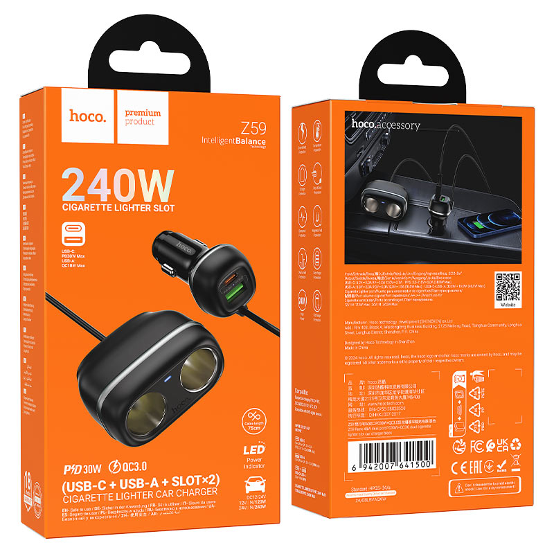 HOCO Z59 48W Dual Port Type-C + USB-A + 2×Cigarette Lighter Slot Car Charger