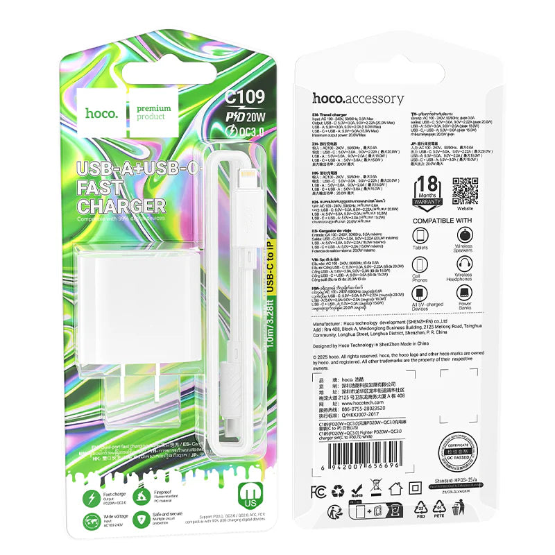 HOCO C109 PD20W + QC3.0 Dual-port Charger Set (C to C, C to L Cable)