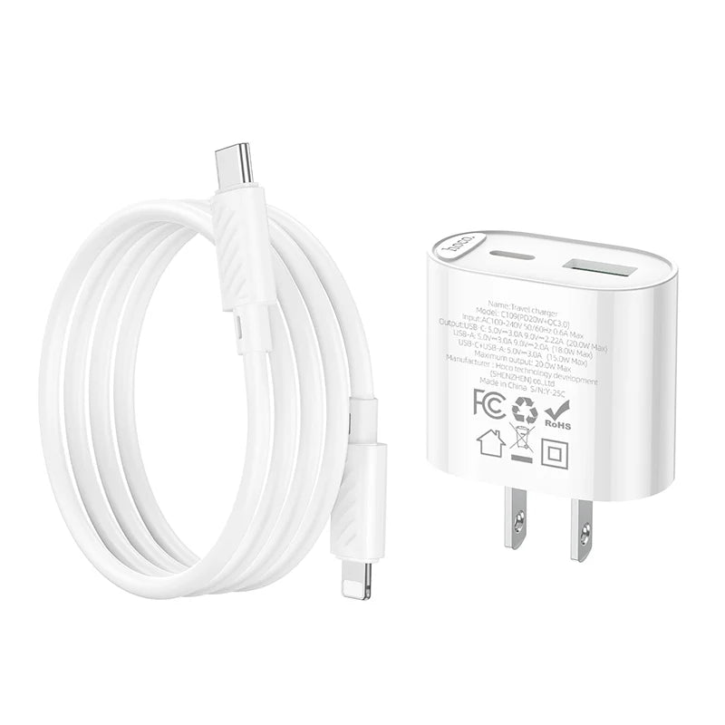 HOCO C109 PD20W + QC3.0 Dual-port Charger Set (C to C, C to L Cable)