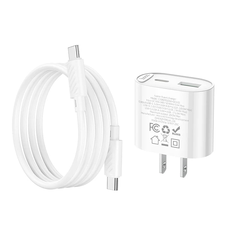 HOCO C109 PD20W + QC3.0 Dual-port Charger Set (C to C, C to L Cable)