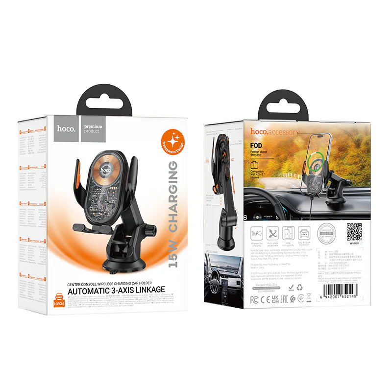 HOCO HW34 3-Axis Linkage Wireless Charging Car Holder for Dashboard/Center Console