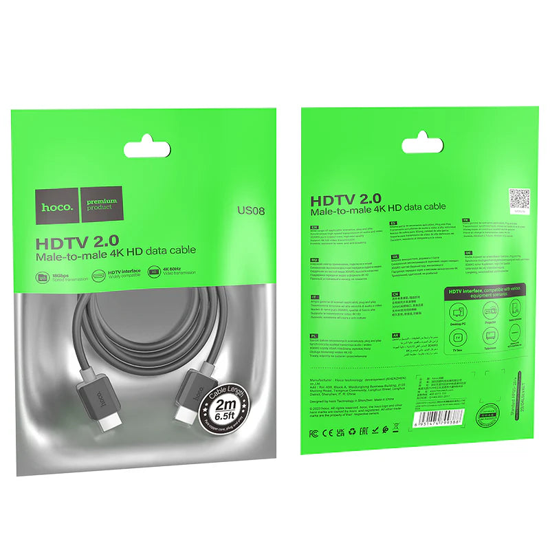 HOCO US08 HDTV 2.0 Male to Male 4K HD HDMI Data Cable (2 Meter / 3 Meter)