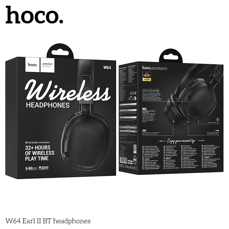 HOCO W64 Over Ear Bluetooth 5.4 Headsets Wireless Big Earphone Leather
